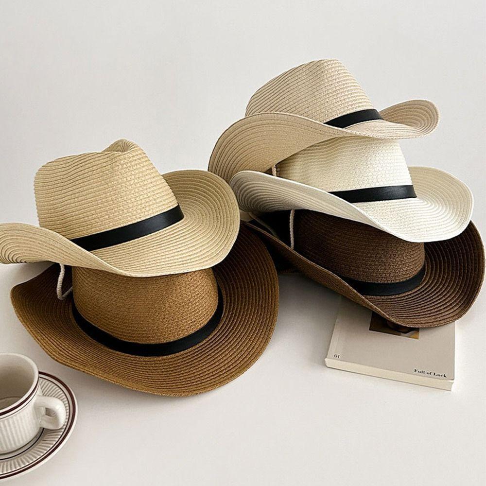 UV Protection Western Cowboy Hat Wide Brim Straw Cap Fashion Jazz Hat  Men Women