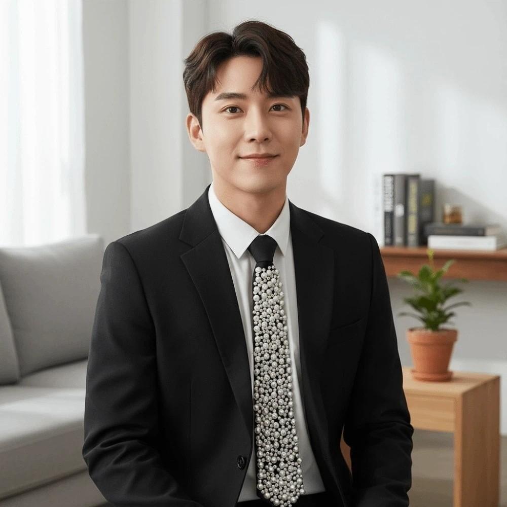 Korean Style Full Pearls Tie Black Choker Hand-beaded Long Necktie Academic Style Geometric Decoration Shirt Tie Daily