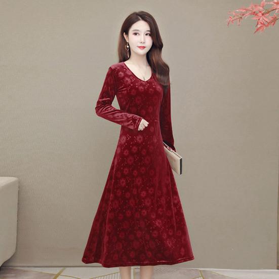 Женское осенне-зимнее платье с v-образным вырезом, плотное трапециевидной формы, облегающее платье длиной до середины икры с длинными рукавами и аппликацией, женское платье-миди