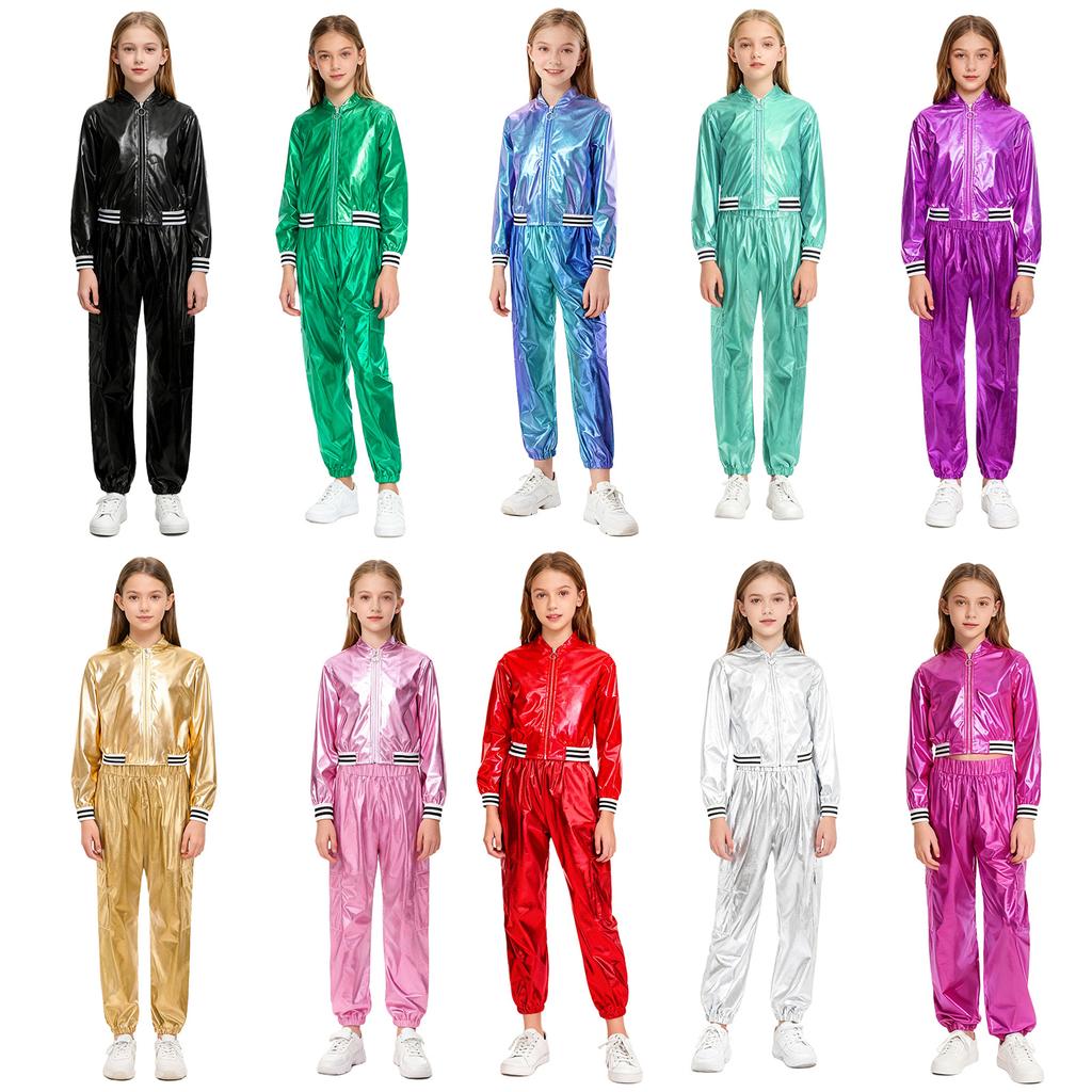 Девочки Металлический Танцевальный Костюм Куртка с Длинным Рукавом Стойка Воротник Детали на Молнии Хип-Хоп Джаз Выступление Брюки