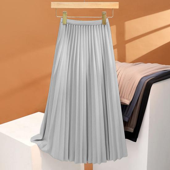 Women Pleated Skirt Elastic High Waist A-Line Long Skirt Solid Color Comfortable Fabric Versatile Skirt Daily Wear