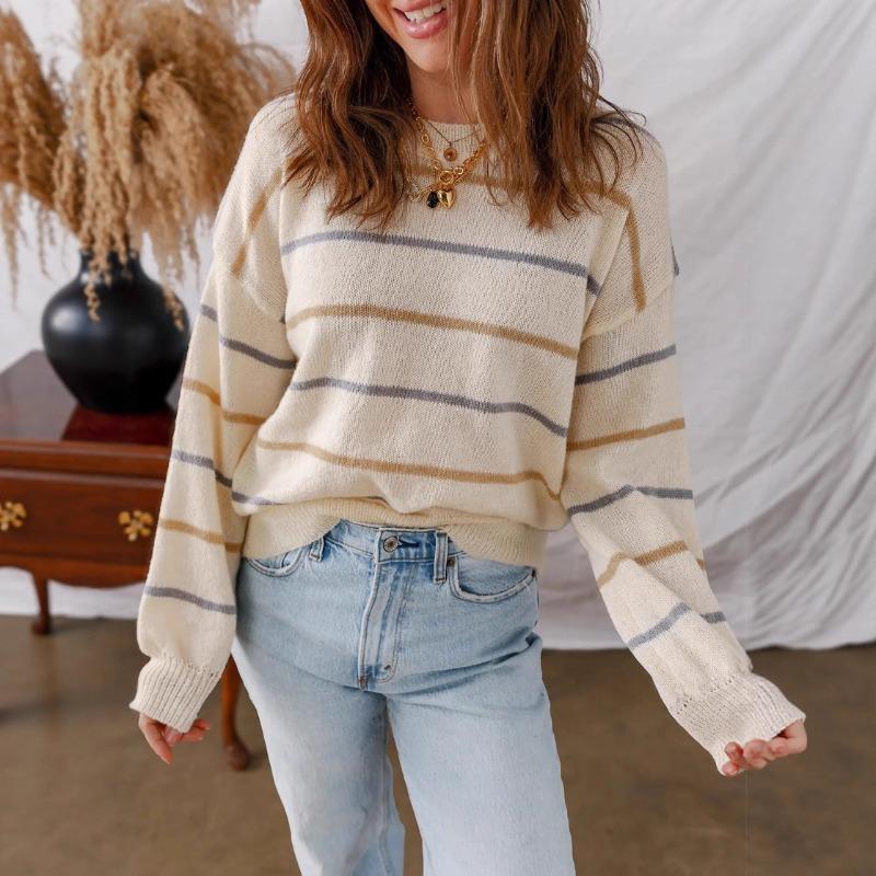 Spring Autumn Loose Casual Striped Patchwork Sweatshirt Women Vintage Bottomed All-match Knitting Pullover Top