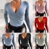 Женская модная повседневная тонкая однотонная трикотажная футболка с длинным рукавом и V-образным вырезом, топ