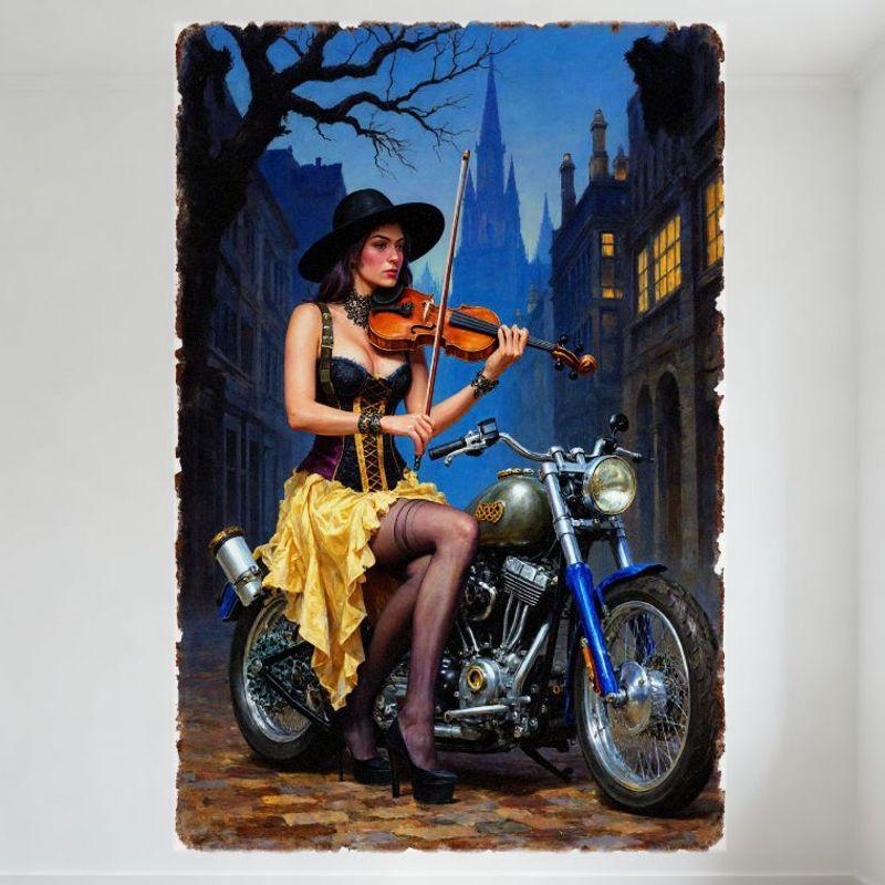 Винтажная Женщина Играет на Скрипке на Сине-Серебристом Мотоцикле с Коляской Жестяная Вывеска - Старый Город Улица Сумеречное Небо Собор Дом Стена