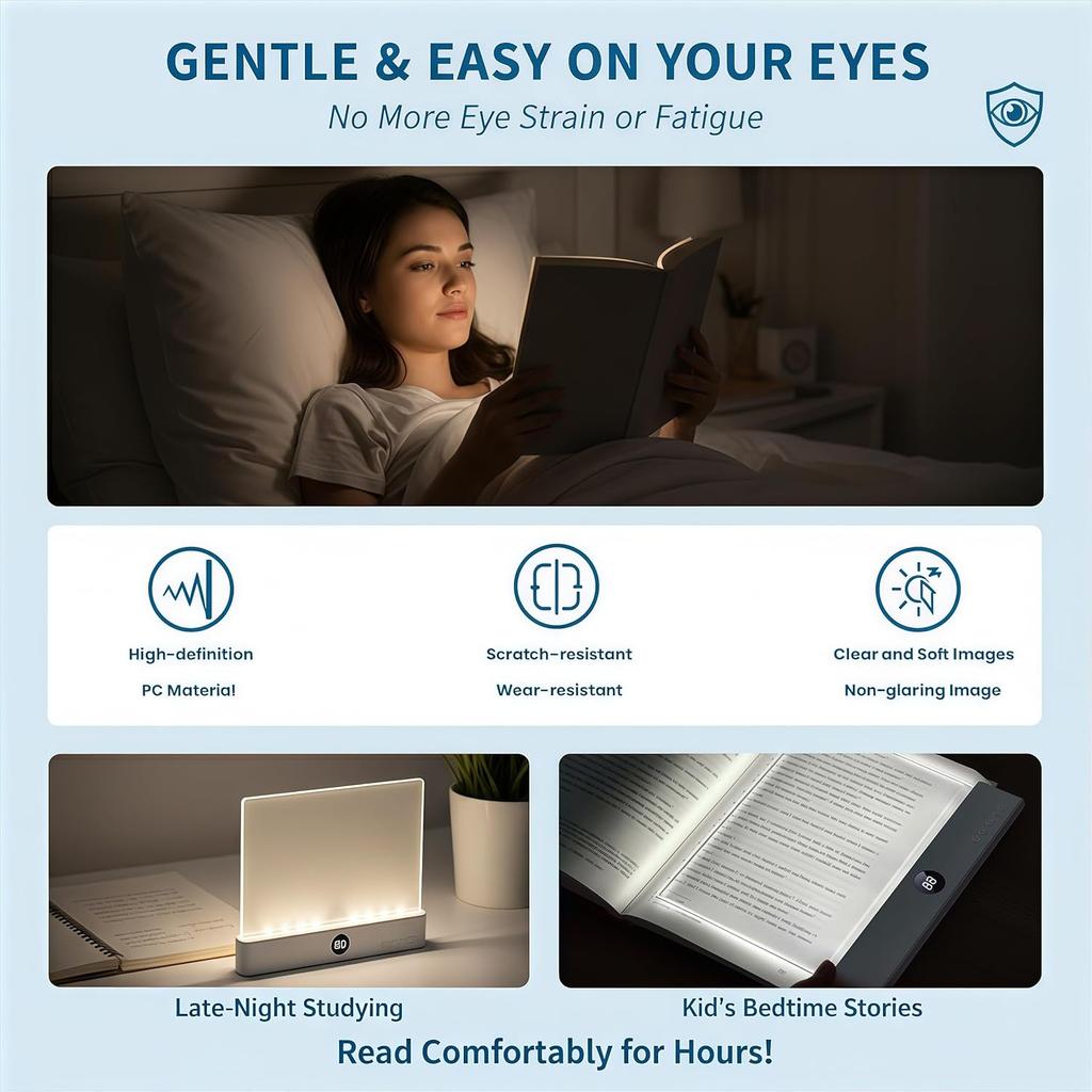 Rechargeable Flat Led Reading Book Light for Reading at Night Treasure Box Dimmable Panel Plate Lamp 3 Colors Timer Full Page Light Eye-Friendly Glow
