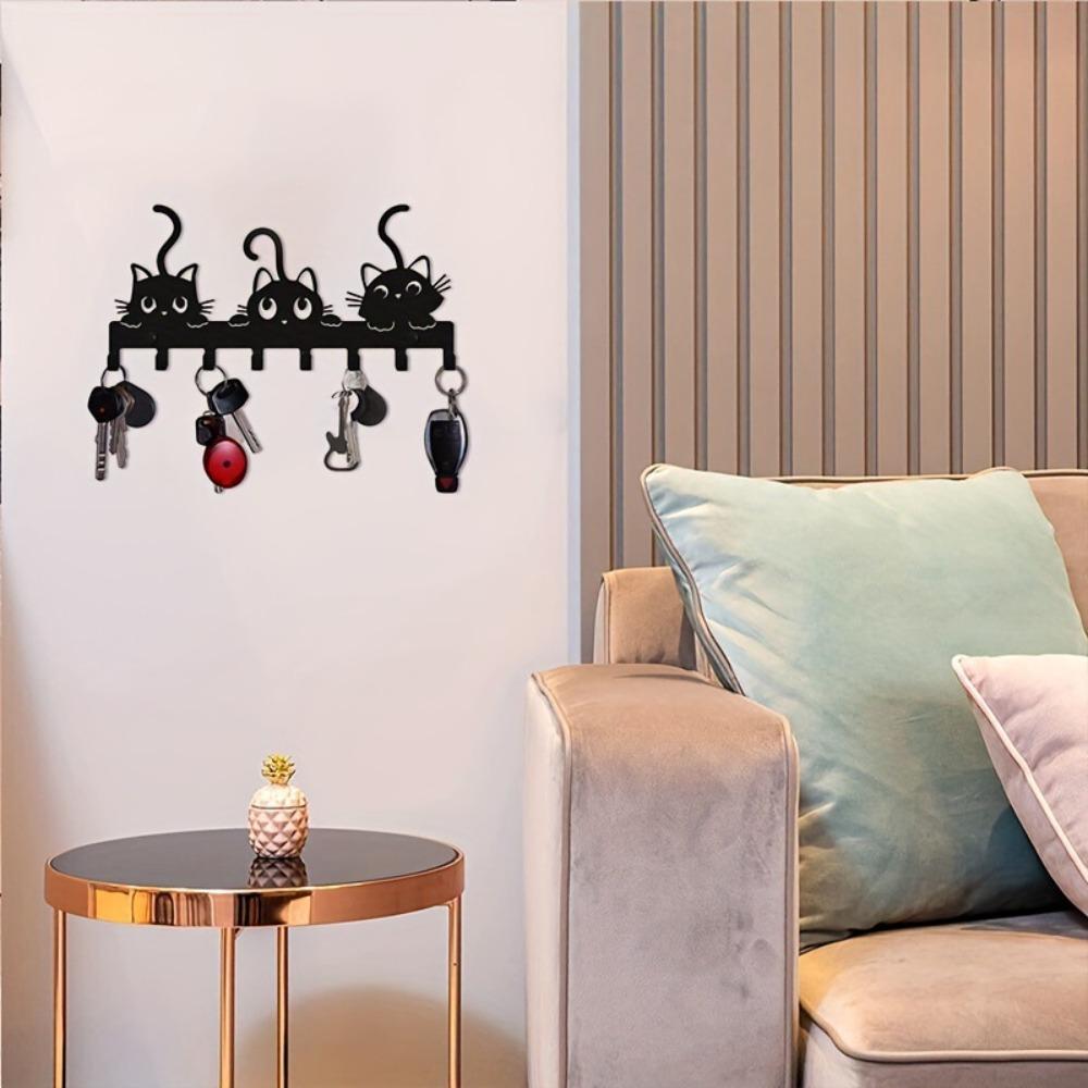 Cute Cat Key Holder Wall Mounted Entryway Coat Hook Rack Space-Saving Animal Decor with Multi-Hooks for Keys Hats Scarves
