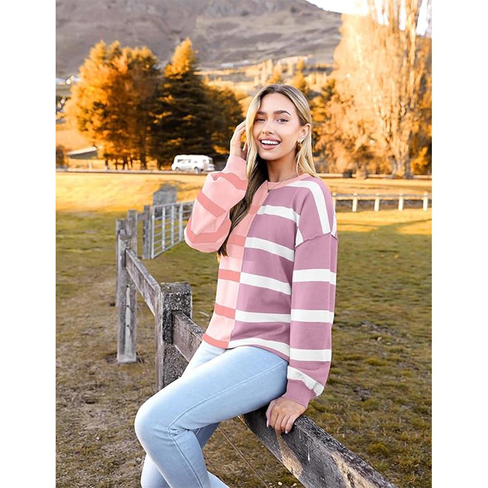 Женский полосатый свитер оверсайз 2025 с круглым вырезом и длинным рукавом, трикотажный свободный свитер с цветными блоками, повседневный топ