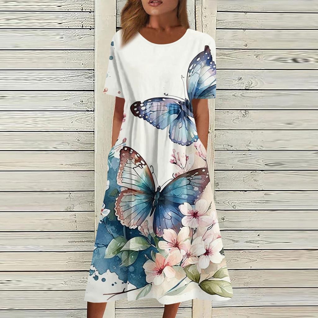 Жен. Повседневные платья Платья с принтами Летние платья С принтами Плиссированные платья-миди с круглым вырезом Классический Классический На открытом воздухе Повседневные С короткими рукавами Свободные платья