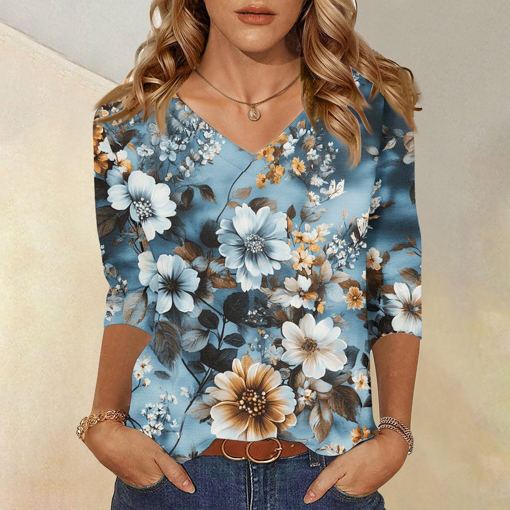 Женские топы, рубашка с рукавом три четверти, свободная повседневная рубашка с V-образным вырезом, футболка с цветочным принтом