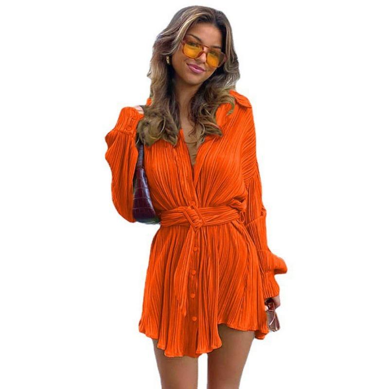 Autumn Pleated Long Sleeved Shirt Style Belt Casual Fashion Dress for Women Casual Dresses