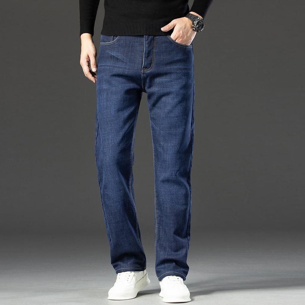 Осень и зима новые джинсы прямые свободные деловые повседневные брюки зимние бархатные утолщенные теплые брюки