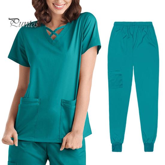 2 шт./компл. комплект унисекс больничной формы с v-образным вырезом и короткими рукавами, карманы, топы, брюки с эластичной резинкой на талии, быстросохнущие больничные стоматологические скрабы для медсестер, униформа