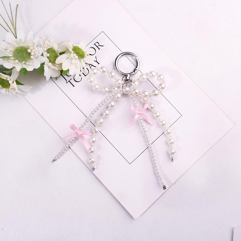 Women Girls Keychains Rings Holders Pearls Silk Ribbon Sweet Y2K Bag Pendants Creative