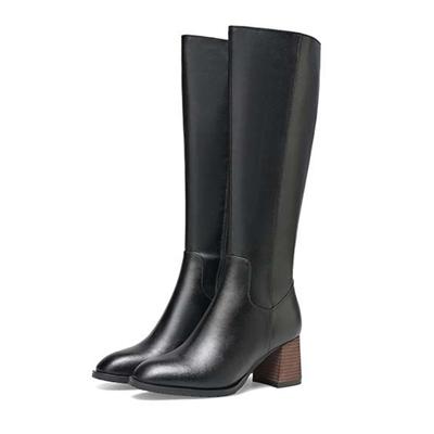 Осенне-зимняя обувь из коровьей кожи на толстом высоком каблуке, большой размер 34-46, молния, украшение, лаконичный стиль, женские теплые сапоги до колена