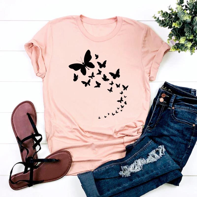 (Азиатский размер)Футболка в стиле Love Heart Butterfly, повседневная женская футболка с коротким рукавом и принтом, женская модная футболка, женская футболка с графическим рисунком