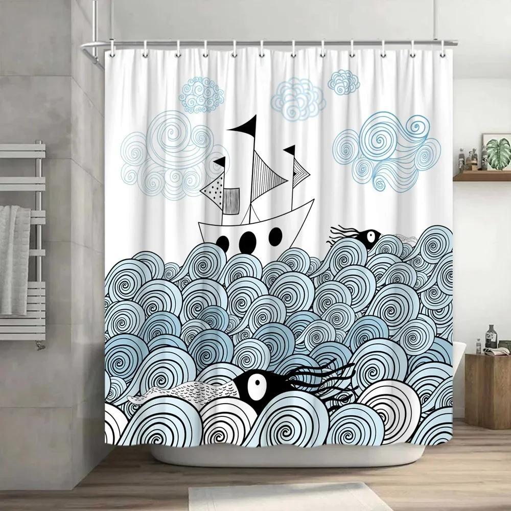 Смешная занавеска для душа Brave Cat Cartoon Душевая занавеска Waves Ocean Decor Ткань Душевая занавеска Set with Hooks Bathroom Decoration