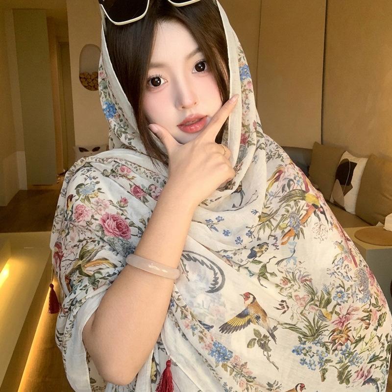 Small fresh green floral silk scarf women's summer travel buckle sunscreen large shawl beach towel thin yarn scarf scarf