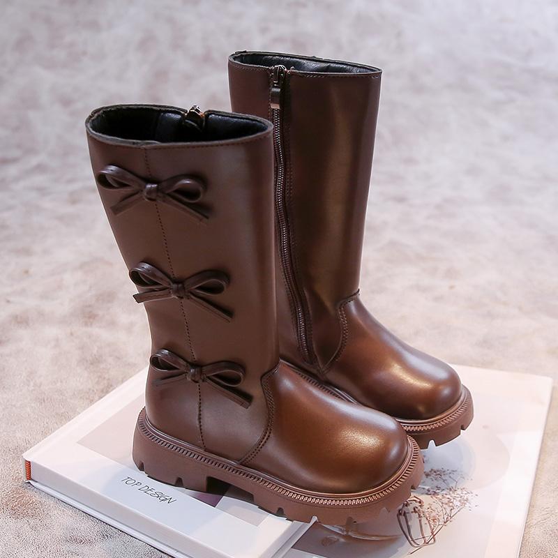 Девочки Полусапожки Элегантный Бантик Детская Мода Сапожки Принцессы Милые Весенне-Осенние Детские Повседневные Сапоги Пэчворк Круглый Носок