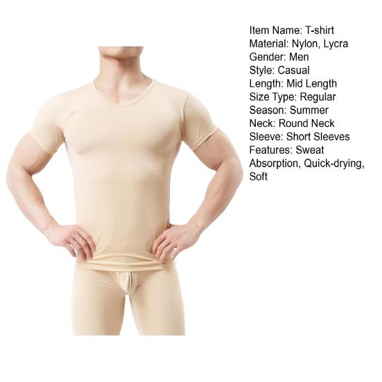 Summer Men Top Ultrathin Sweat Absorption Quick-drying Short Sleeves Round Neck Slim Fit Solid Color Breathable Elastic Casual Pullover Daily T-shirt