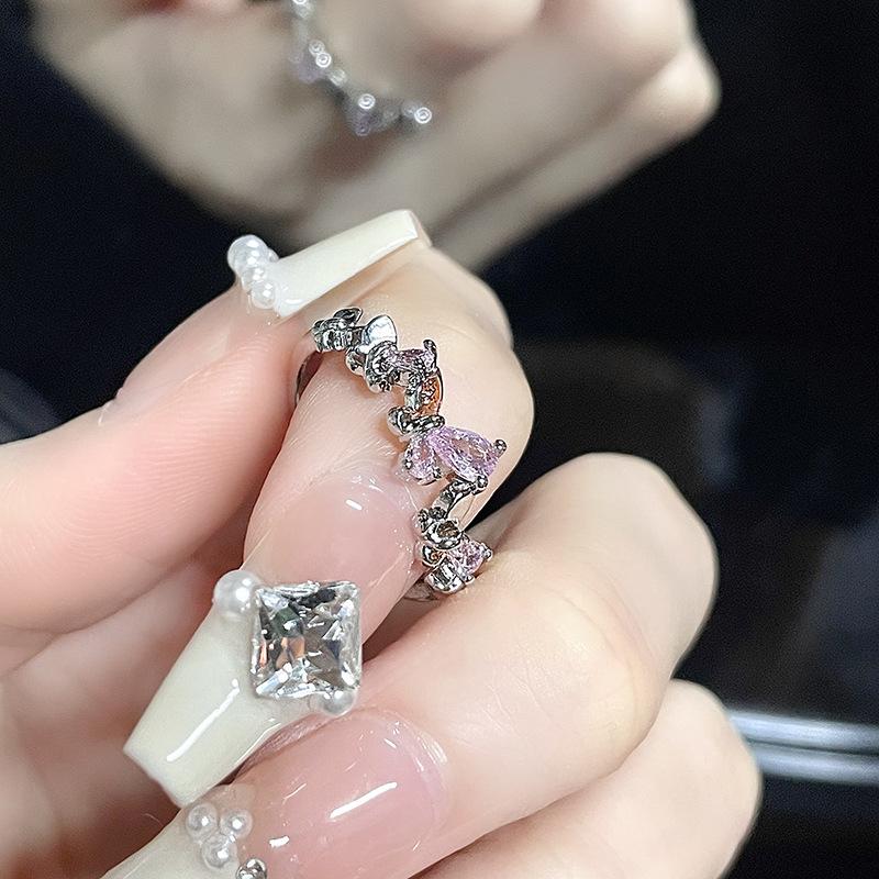 Sweet And Cool Spice Girl Inlaid Pink Diamond Love Ring Set Two-Piece Set Women'S Personality High-End Jewelry