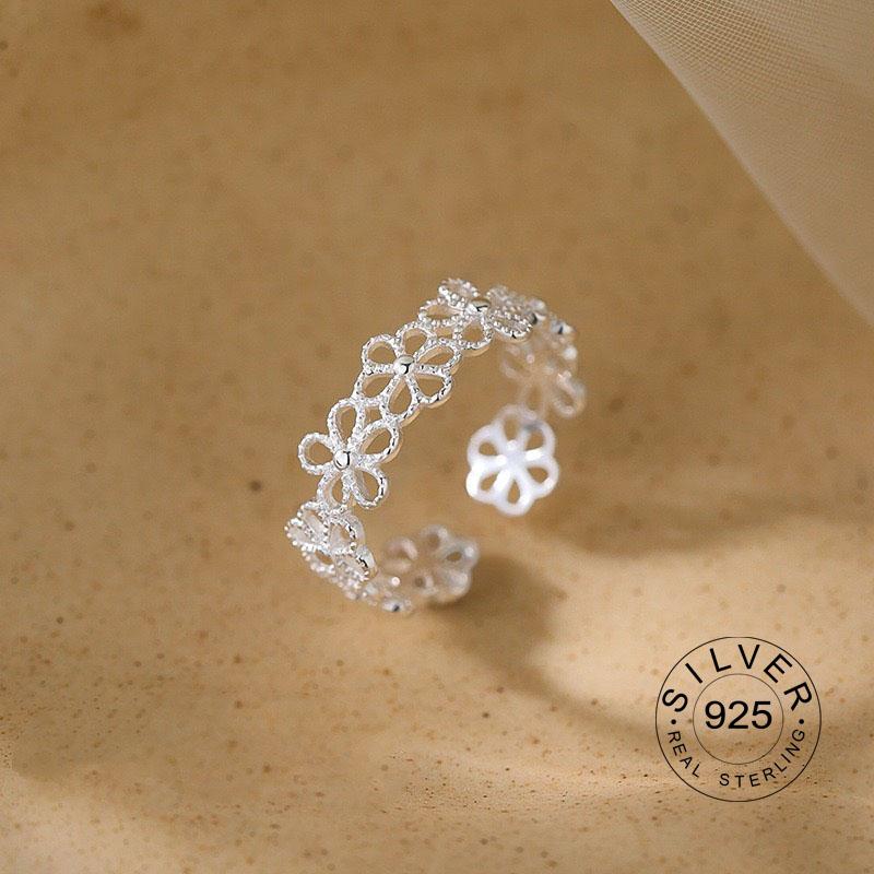 925 Sterling Silver Rings For Women Geometric Fine Jewelry Finger Adjustable Cute Flower Leaf Zirco Ring For Party Birthday Gift