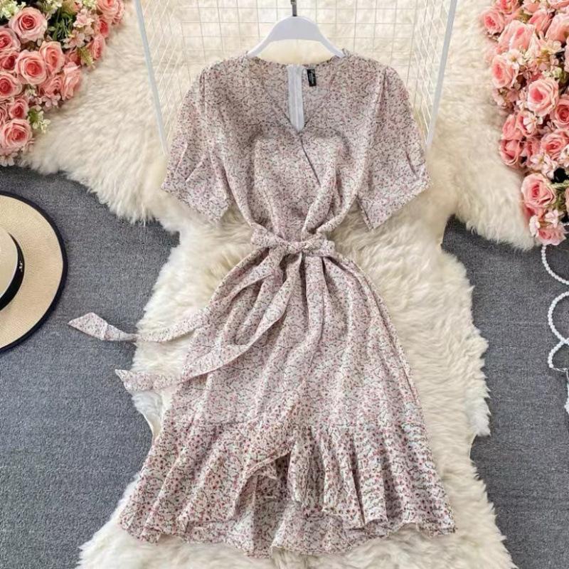 French v-neck floral dress summer new high waist thin sweet small ruffle edge A-word skirt short skirt