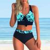 Women's Shoulder Strap Swimsuit Blue Leaf Necklace Print Bikini Tankini Swimsuit