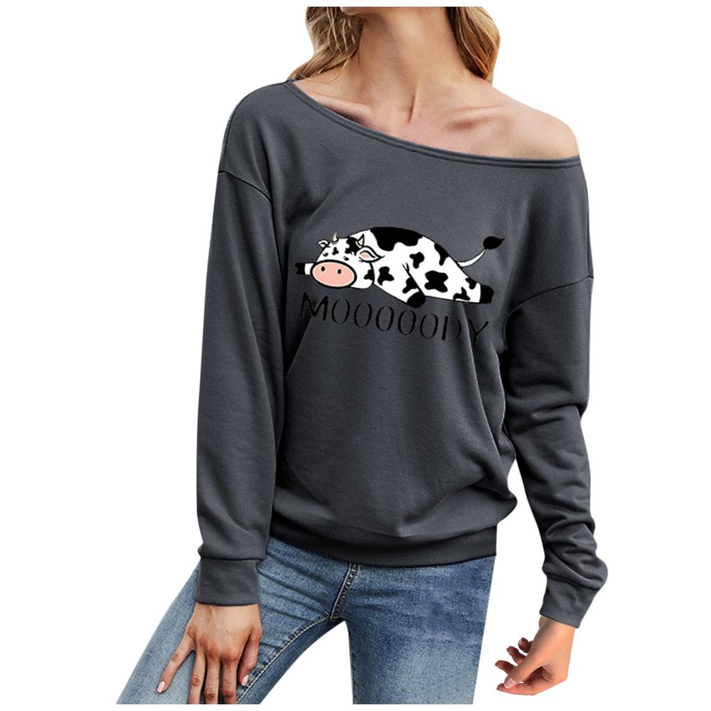 Женская мода, повседневный топ с открытыми плечами и воротником с длинными рукавами и принтом коровы