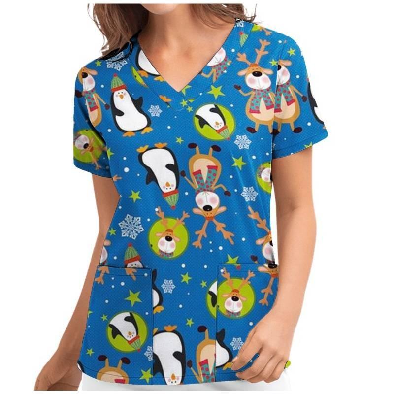 Женские рождественские скрабы с принтом, униформа, медицинские топы, рубашка с цветами, одежда
