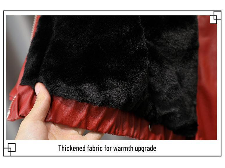 6675 Красная кожаная куртка для мальчиков: 2024 Детская плюшевая, толстая зимняя праздничная куртка с воротником-стойкой