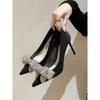 French High Heels Women's 2024 Spring New Rhinestone Bow Crystal Black Temperament Socialite Stiletto Single Shoes Women