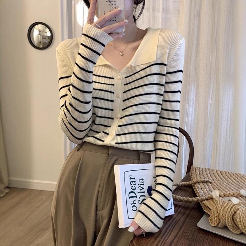 PO Neck Striped Sweater Early Spring New Women's Clothing Slim-fitting Base with Knitted Cardigan Jacket Top