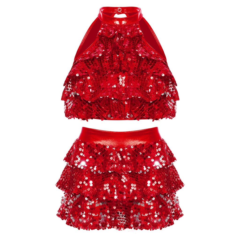 Girls Sparkling Dance Set Sleeveless Round Collar Backless Shiny Sequins Tiered Crop Top Elastic Waist Skirt
