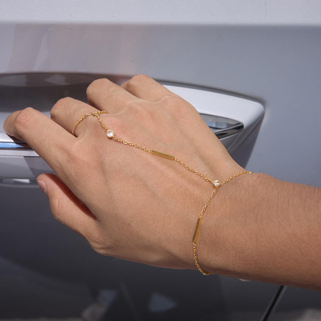 18K Gold Stainless Steel Hand Chain Bracelet CZ Bar Finger Ring Slave Bracelet Non-Tarnish Hypoallergenic Women