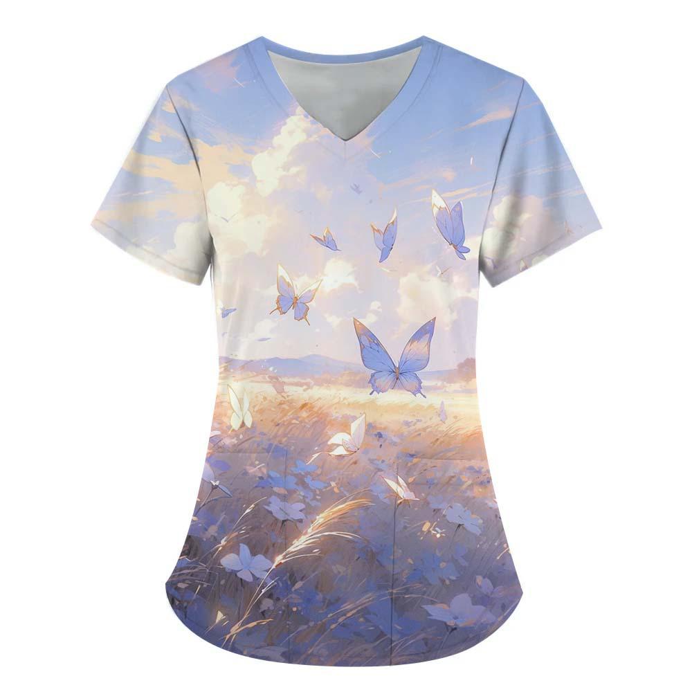 Women's T-shirt V-neck Nurse Uniform Commuting Comfortable Short Sleeved Butterfly Printed T-shirt for Women