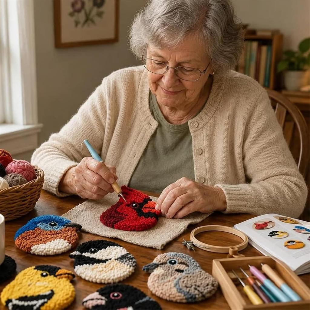6 PCS DIY Bird Coasters Punch Needle Kit With Hoop Yarn & Patterns Handmade Tufted Bird Mug Rug Craft Set For Adults Stress Relief Home Decor Gift