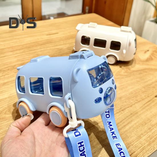 Бутылка для воды с изображением мультяшного автобуса и трубочкой, 500 мл, герметичная крышка, детская бутылка для питья, милый контейнер для воды в форме автобуса для школы