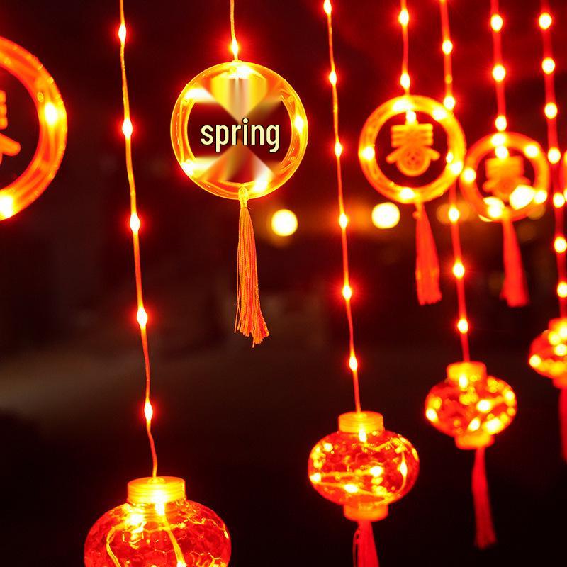 2025 New Year Red Lantern LED Curtain String Lights - Home Atmosphere Decoration with Fu Character