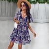 Sexy V Neck Floral For Women Short Sleeve High Waist Casual Print Dresses Ladies Summer Chiffon Dress