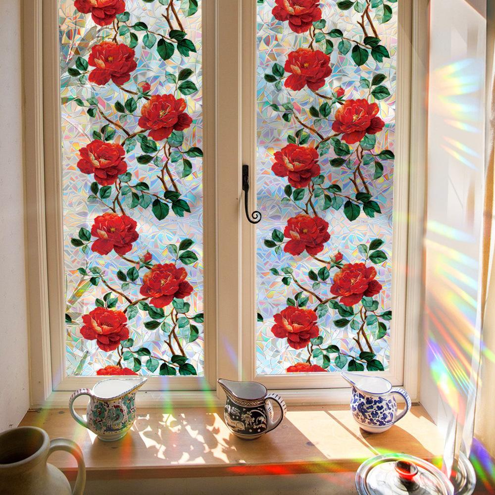 Декоративные статические наклейки с ярким узором роз, напечатанные лазером, для домашних стеклянных дверей и окон