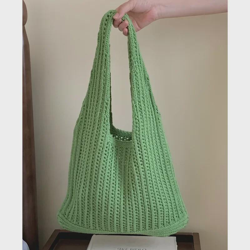 Вязаная сумка через плечо в корейском стиле Lazy Style - большая вместимость, однотонный цвет, алый дизайн, шерстяная сумка для покупок