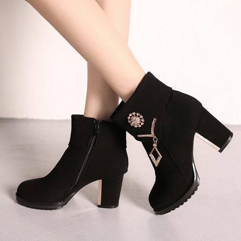 Fashion Black Suede Rhinestone Heeled Woman Short Shoes Round Toe Autumn Winter Warm Ankle Boots for Women High Quality Y2k Booties Sale