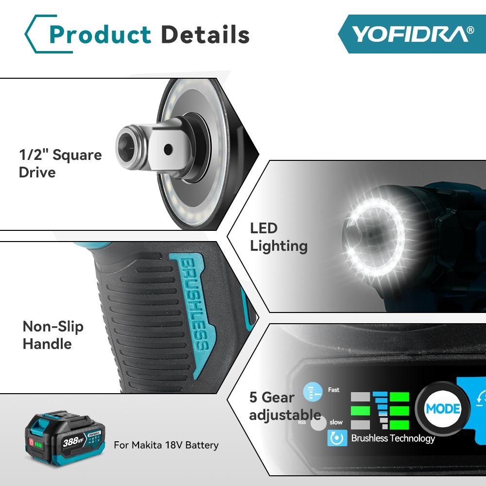 Yofidra 1200 Н.м бесщеточный электрический ударный гайковерт 1/2'' аккумуляторная отвертка для ремонта автомобиля 5 передач электроинструмент для аккумулятора Makita 18 В