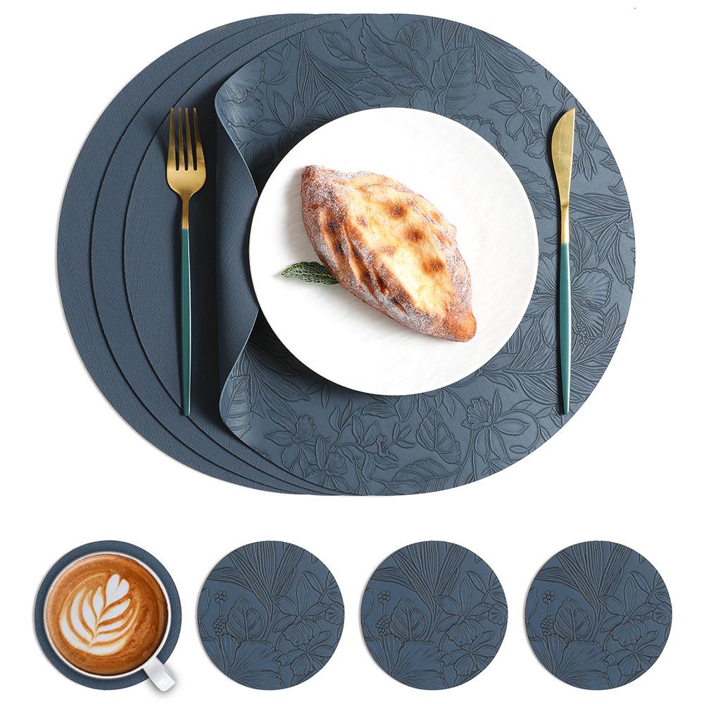 Wind-carved round leather placemat, anti-scalding and heat-insulating mat, waterproof and oil-proof plate mat, tableware mat, coaster
