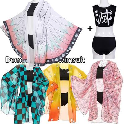 Новый убийца демонов косплей Kimetsu No Yaiba Kamado Tanjirou косплей купальный костюм из двух частей с v-образным вырезом купальник с прозрачным кимоно кардиган