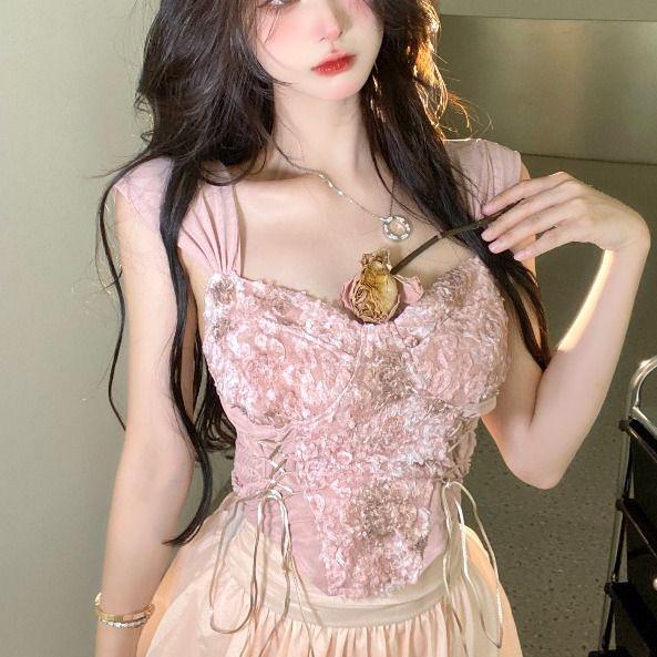 Милая и пряная девушка цветочная майка с подтяжками женская летняя розовая с подушкой на груди сексуальный галстук облегающий короткий топ для верхней одежды