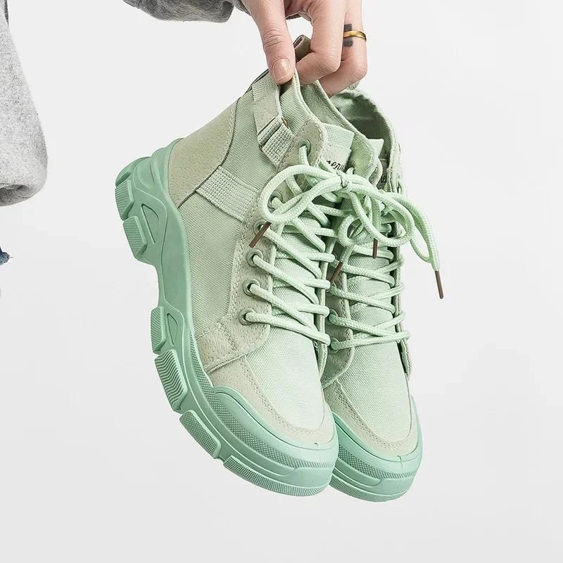 Модная Горячая Распродажа 2025 Самые продаваемые Тонкие Дышащие Высокие Кеды из Канвы Британский Стиль Обувь на Толстой Подошве Одинарные Ботинки Кроссовки на Платформе