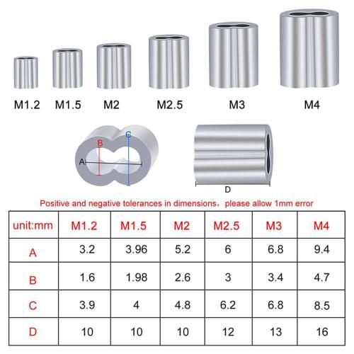 Набор из 240 шт. зажимов для тросов, коушей для тросов, обжимных гильз 1,2 мм/1,5 мм/2 мм/2,5 мм/3 мм/4 мм/5 мм для обжимных машин