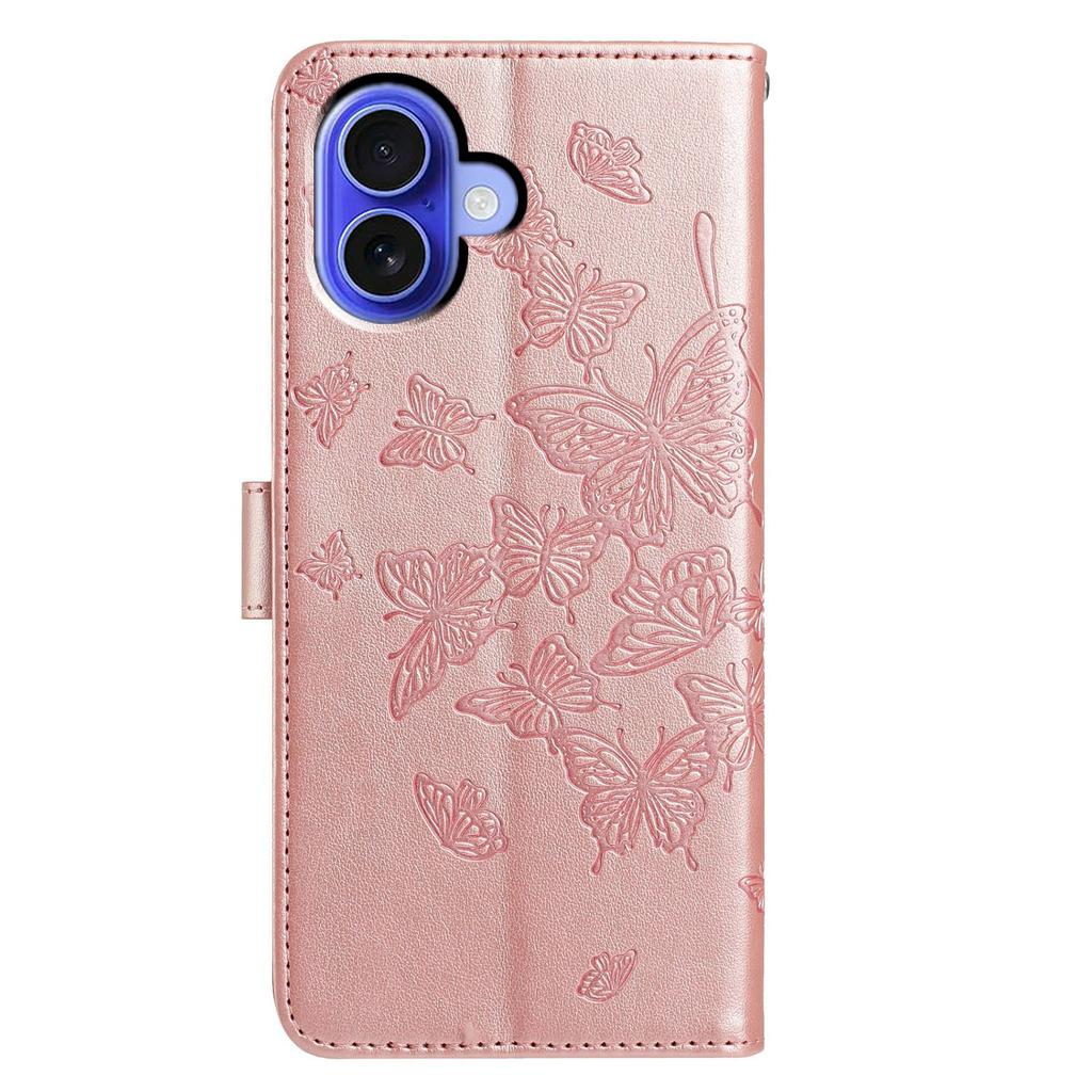 For iPhone 16 Plus Case Butterfly Imprinted Wallet Stand PU Leather Flip Phone Cover with Strap