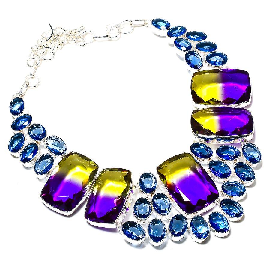 Двухцветный турмалин, топаз ручной работы 925 стерлингового серебра ювелирное ожерелье 18" F8a65